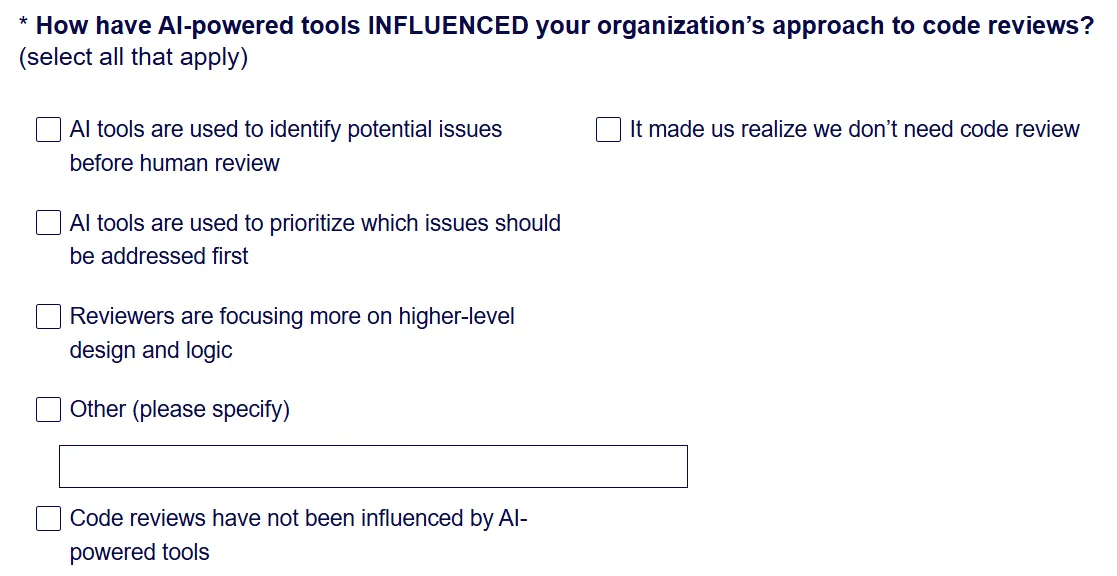 2026 AI Impact Survey from LeadDev. The question asks how have AI-powered tools influenced your organization's approach to code reviews?