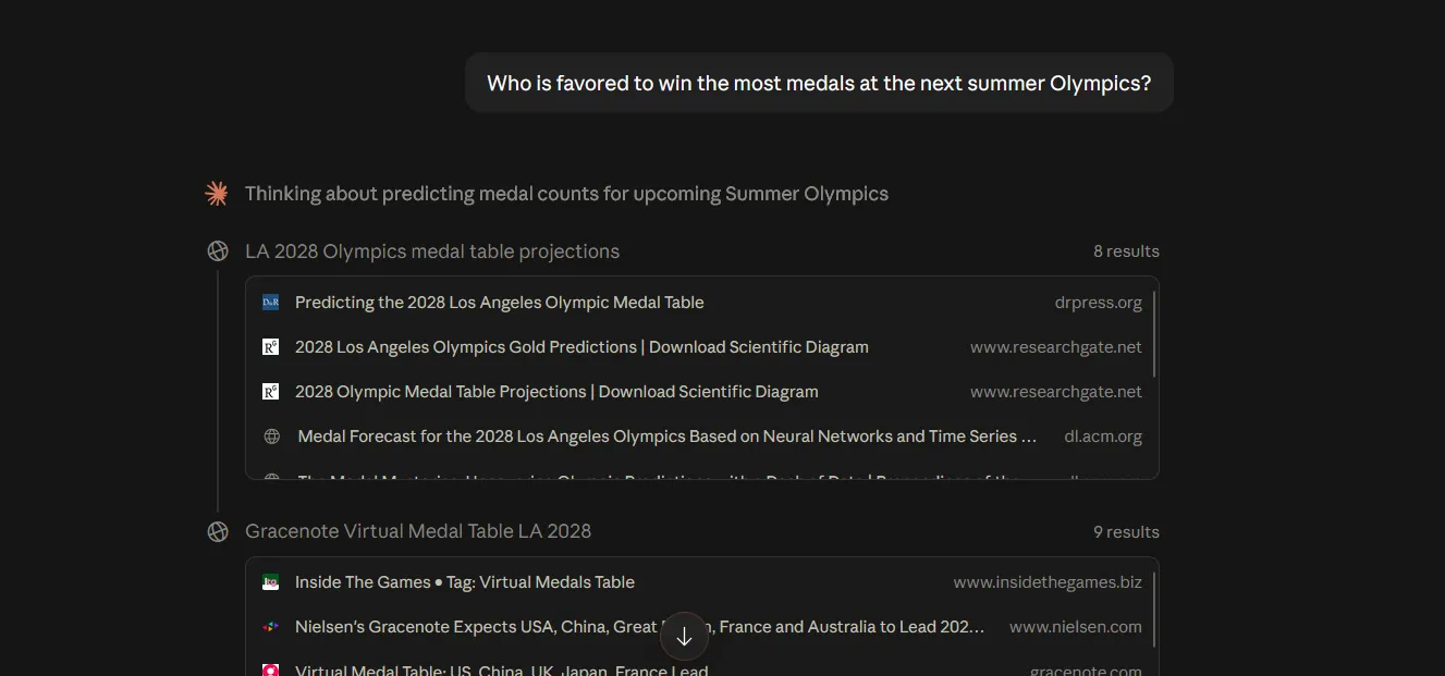 Claude performing a web fetch for a prediction of who will win the most gold medals