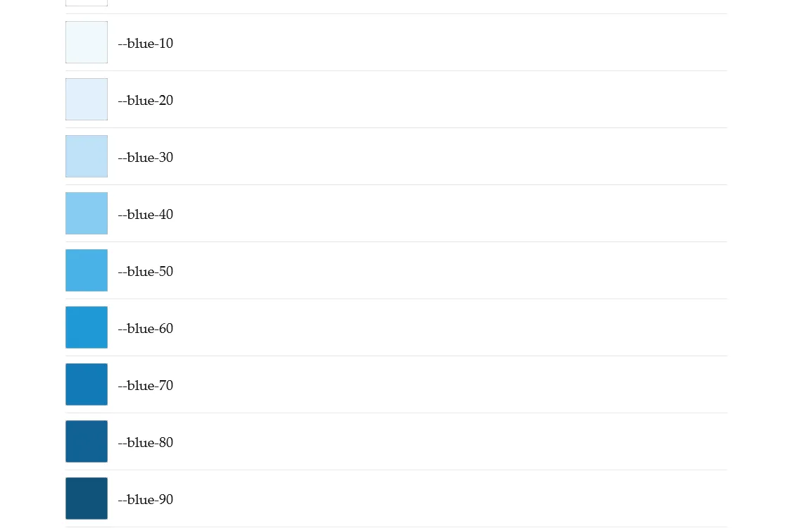 Blue color swatches and design tokens that go from lighter to progressively darker