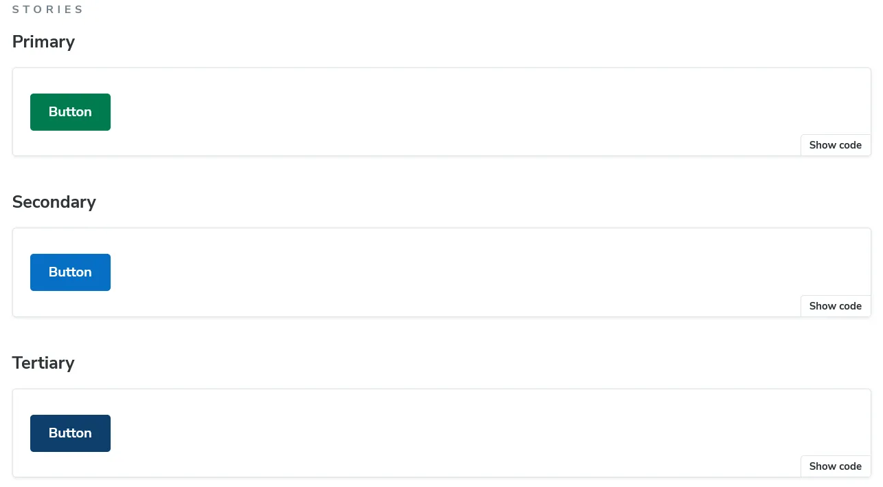 Primary, secondary, and tertiary solid color button variants depicted in Storybook